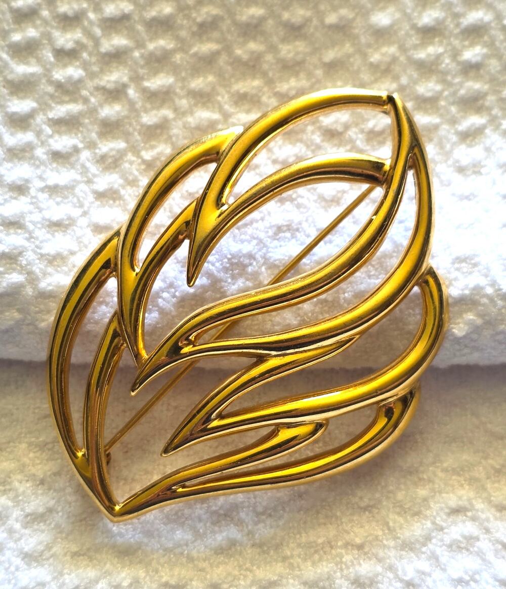 Monet Gold Tone Abstract  Leaf Brooch Pin Vintage Brushed Sculptural
